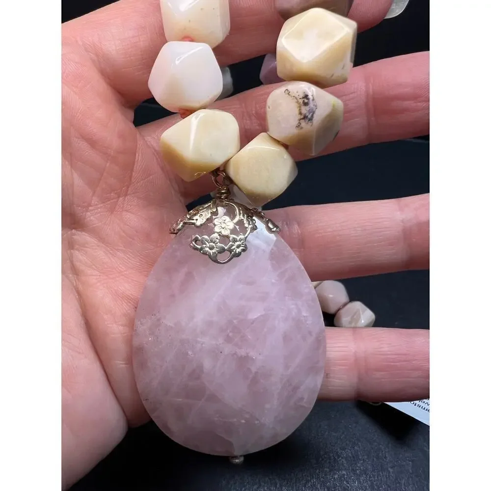 NEW pink opal and rose quartz Sterling silver necklace